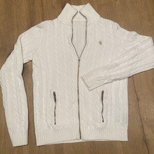 LAUREN RALPH LAUREN WHITE CABLE KNIT ZIP UP SWEATER SZ XS-M MINOR FLAWS NOTED